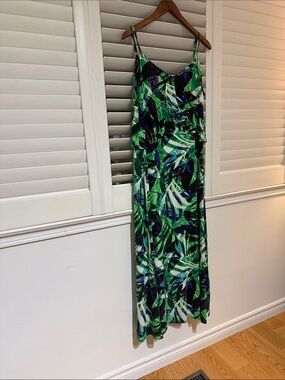 Tropical Leaf Print Maxi Dress - Green Blue White